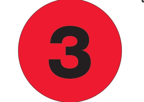 Labels 2" circles,number 3,  Red , 500/roll